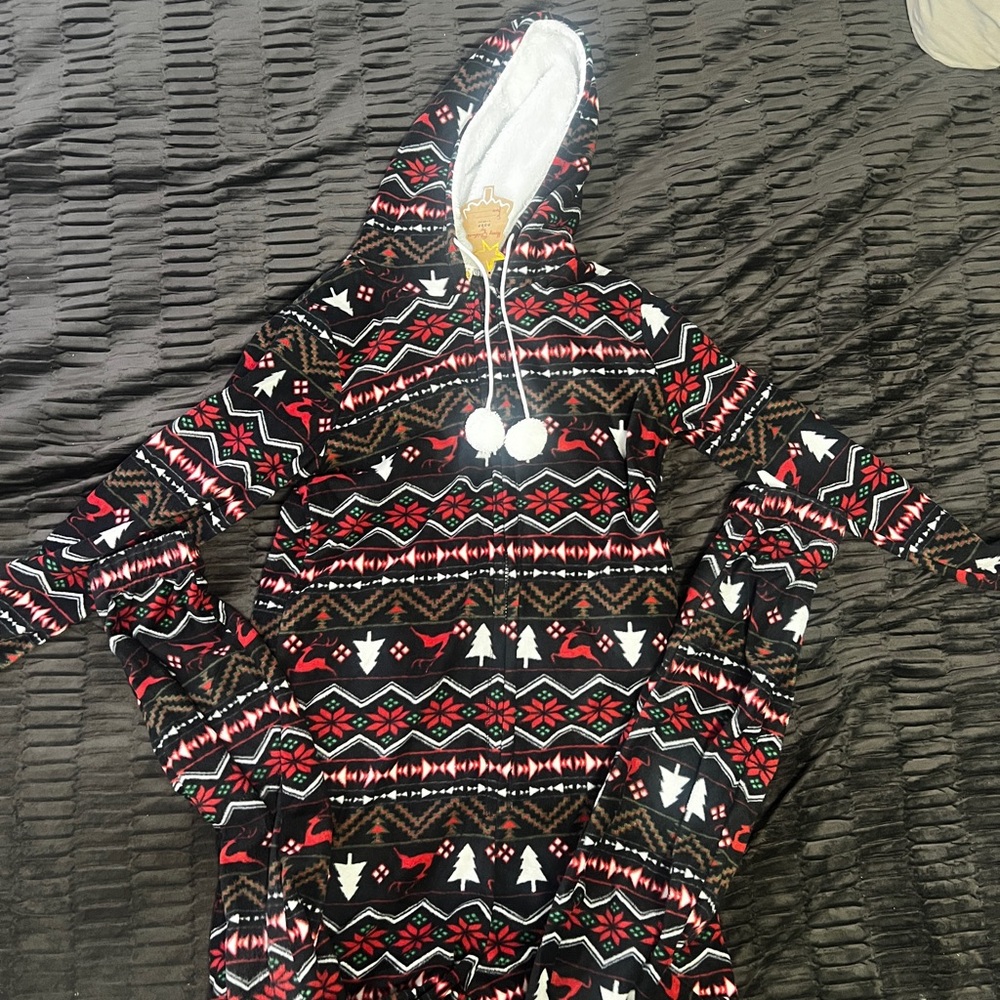 Poof! Festive Hooded Pajama Onesie - Black, Red, White